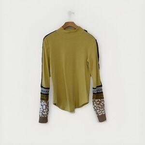 Free People Mustard Yellow Waffle Knit Mock Neck Mixed Media Sleeve Top Large